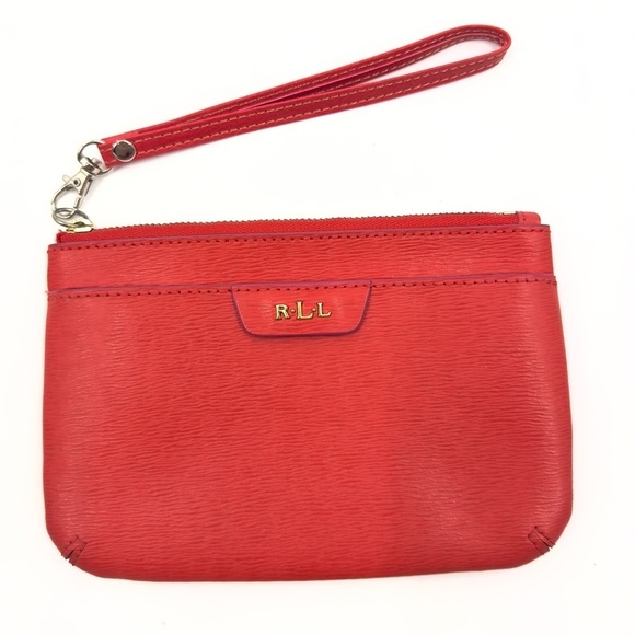 Lauren Ralph Lauren Handbags - Lauren Ralph Lauren Red Leather Wristlet Zip Top Pouch Bag Wallet Gold Monogram